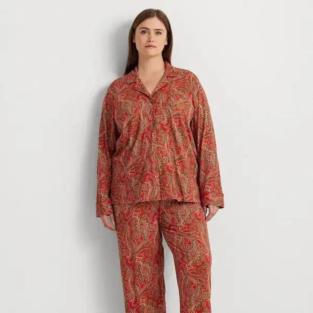 Lauren Ralph Lauren Womens Paisley Print Long Sleeve Button Red Pajamas Set Sz M